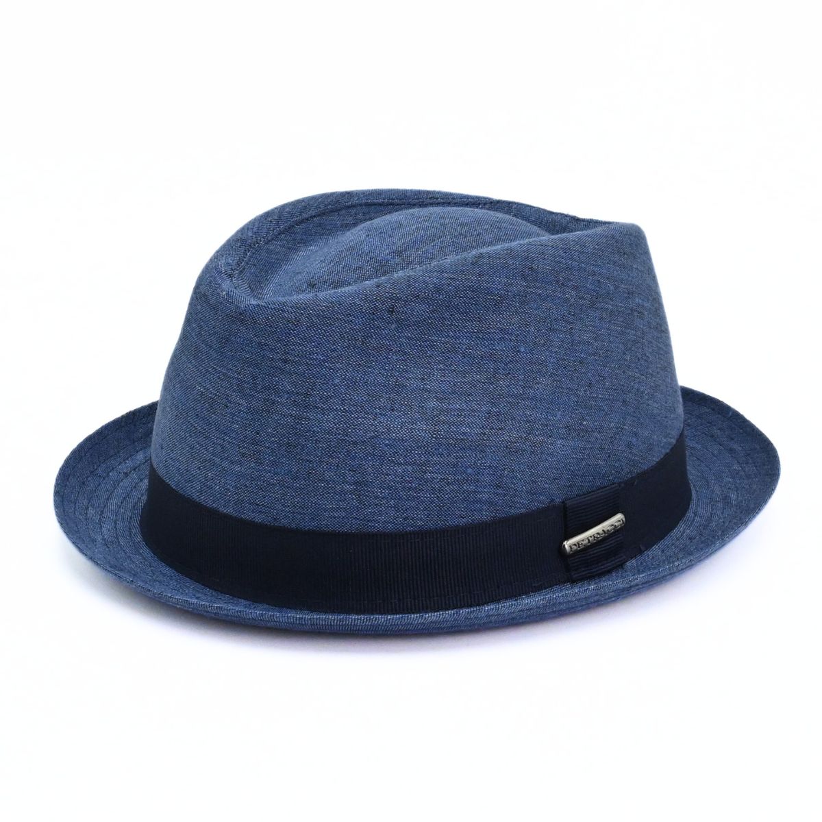 Blue Italian Linen Pork Pie Hat on white background
