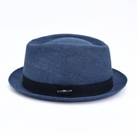 Blue Italian Linen Pork Pie Hat on white background