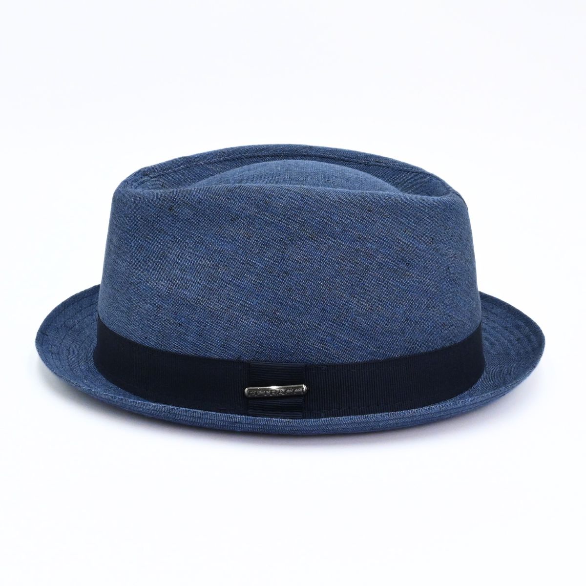 Blue Italian Linen Pork Pie Hat on white background