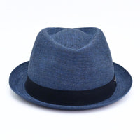 Blue Italian Linen Pork Pie Hat on white background