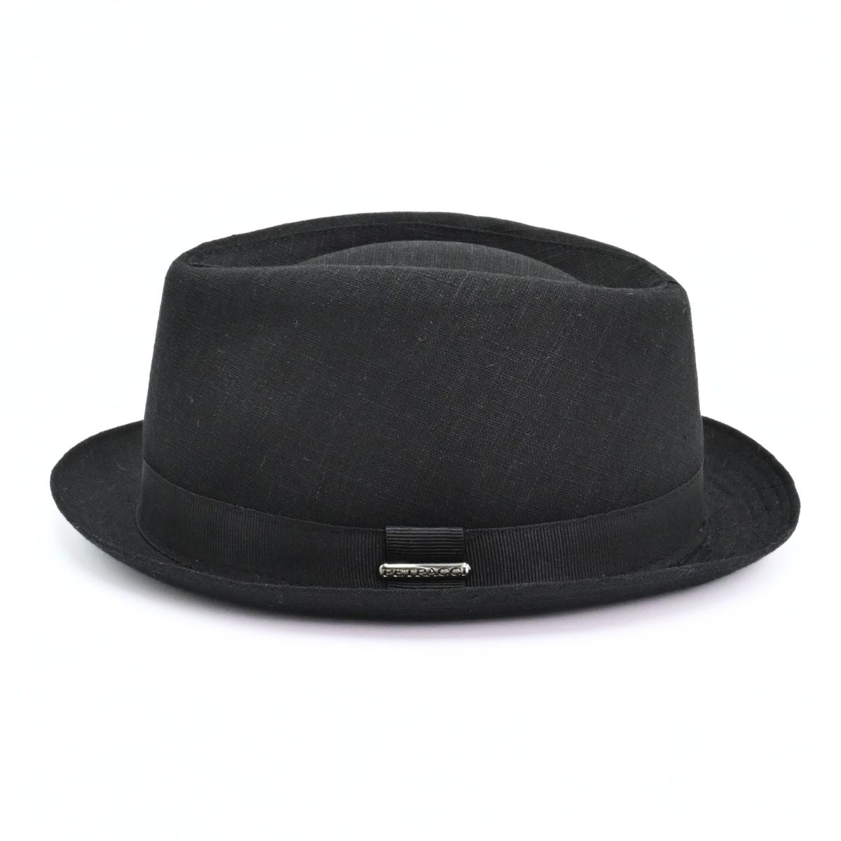 Black Italian Linen Pork Pie Hat on white background