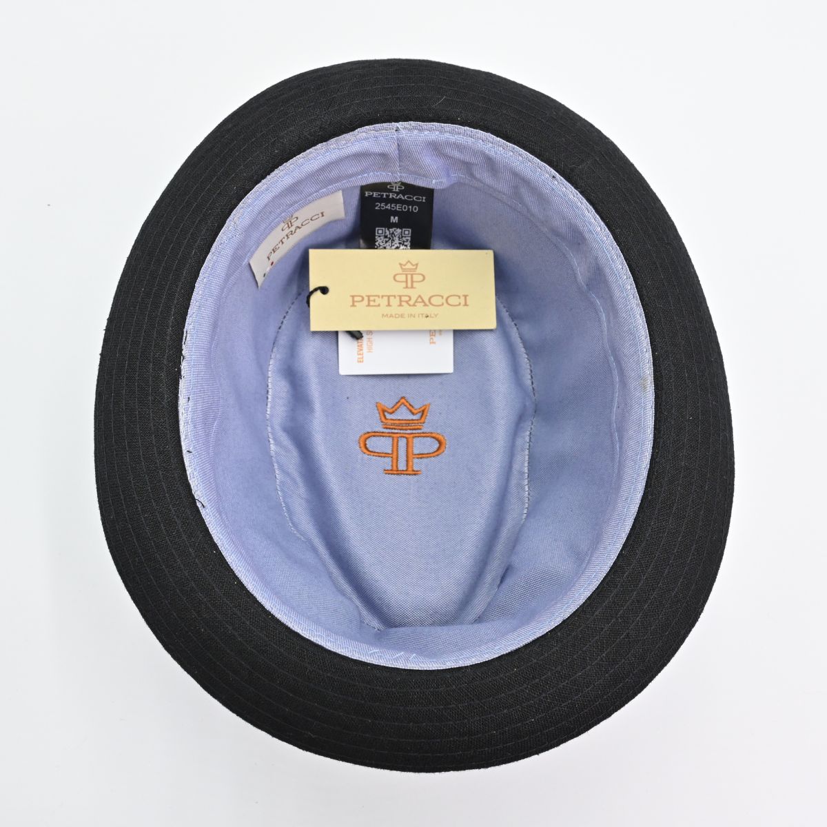 Black Italian Linen Pork Pie Hat on white background