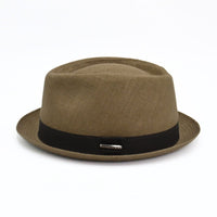 Tobacco Italian Linen Pork Pie Hat on white background