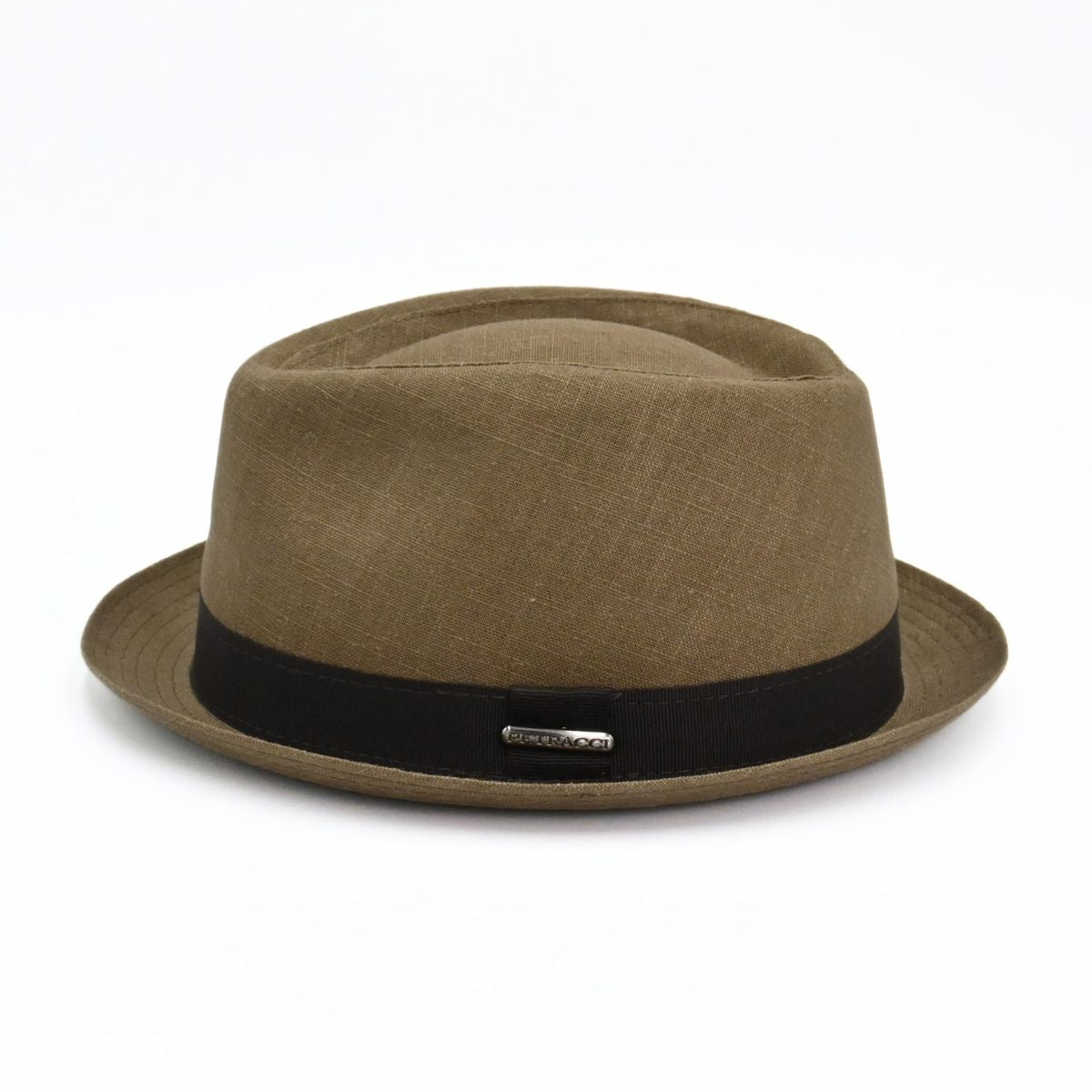 Tobacco Italian Linen Pork Pie Hat on white background