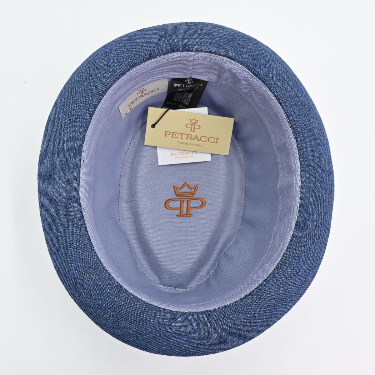 Blue Italian Linen Pork Pie Hat on white background