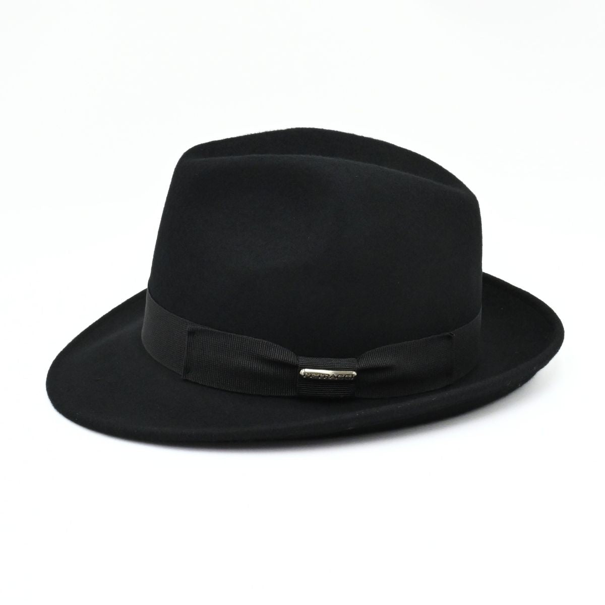 Black Classic 1930's Hat with a ribbon on a white background