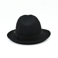 Black Classic 1930's Hat with a ribbon on a white background