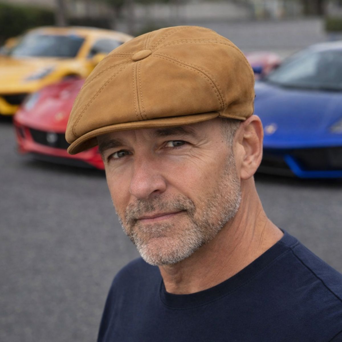 cognac Firenze Leather Newsboy Hat on model