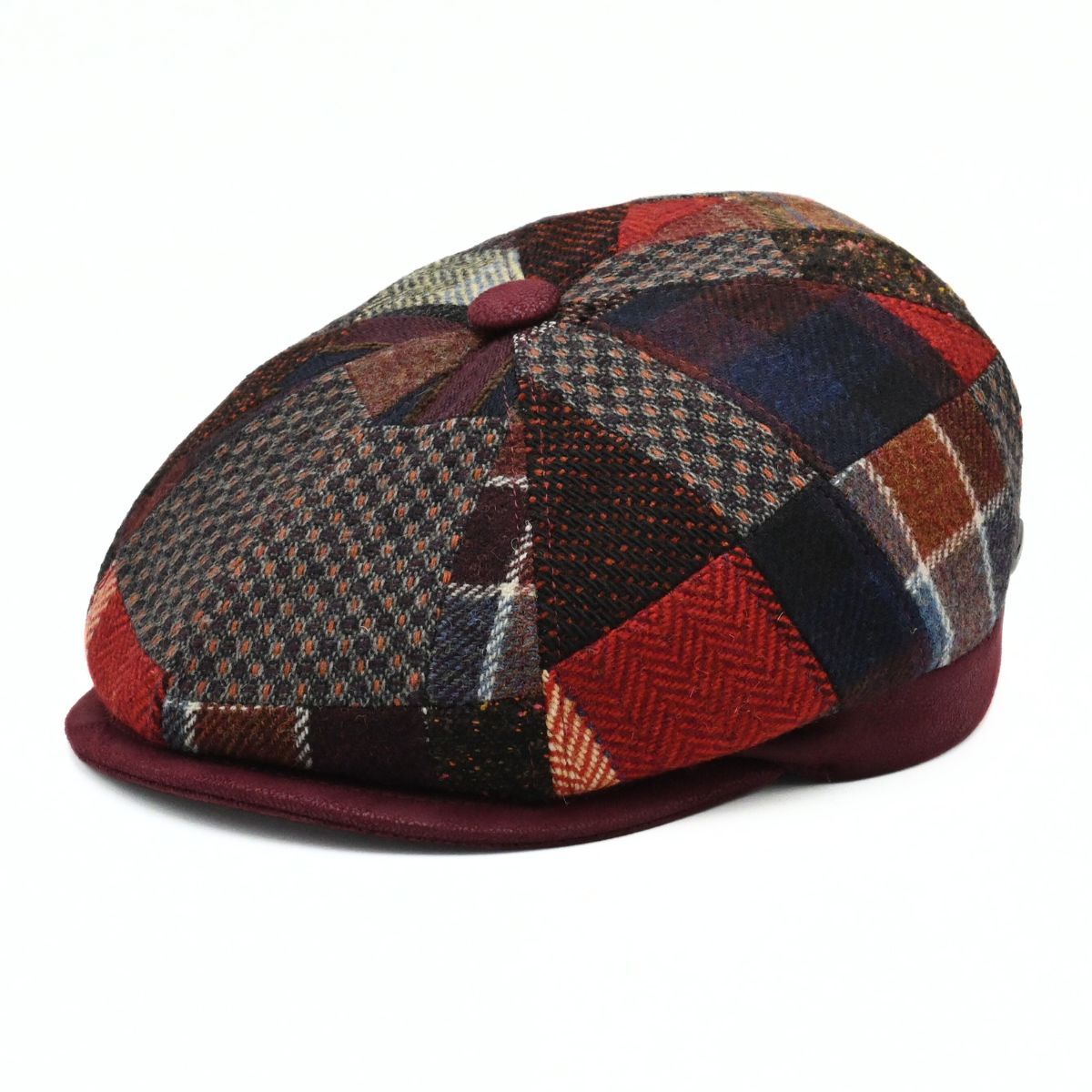 Bordo Chianti Patchwork Newsboy Hat with unique multicolor fabric panels