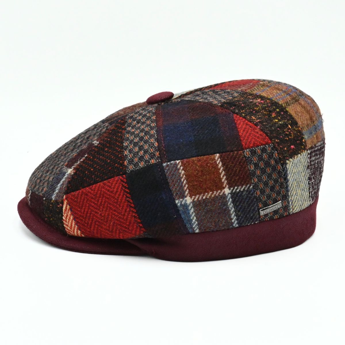  Bordo Chianti Patchwork Newsboy Hat with unique multicolor fabric panels