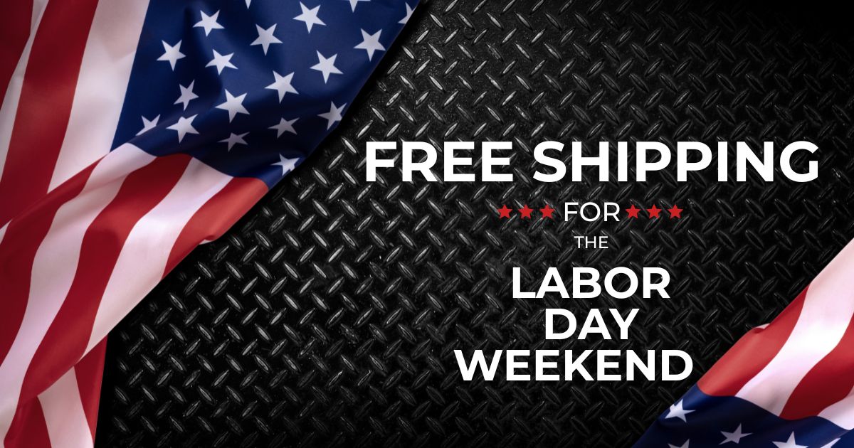 Promotional graphic with the text 'FREE SHIPPING FOR THE LABOR DAY WEEKEND' on a black diamond-plate style background, with American flags draped in from the top left and bottom right corners.
