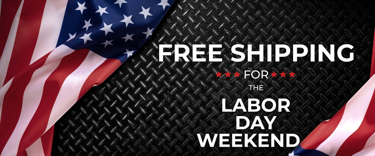 Promotional graphic with a black diamond-plate style background, large white text reading 'FREE SHIPPING FOR THE LABOR DAY WEEKEND,' and partial American flags draped along the left and right edges.