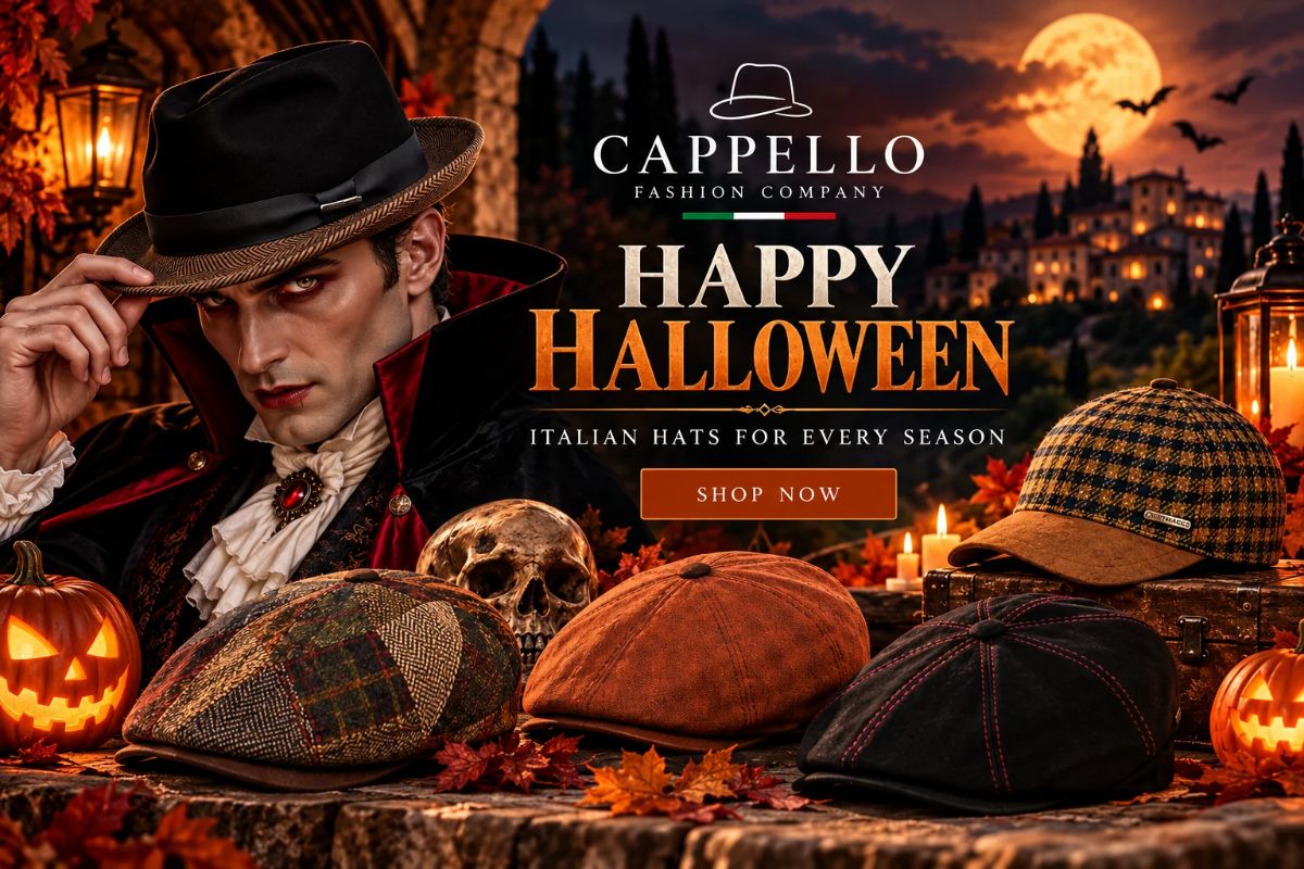 A promotional Halloween scene featuring a man in a black fedora hat and dark coat beside several flat caps and trilby hats displayed on a table with pumpkins, candles, and autumn leaves. The brand text 'Cappello Fashion Company' and 'Happy Halloween' appears over the scene.