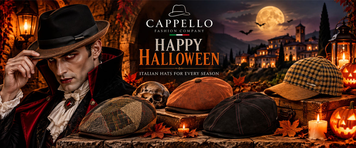A promotional banner for Cappello Italian Hats featuring a man in a black fedora and dark coat on the left, with several styled flat caps and hats displayed on a table in a Halloween-themed setting. The background shows a moonlit village scene with pumpkins, candles, and autumn leaves.