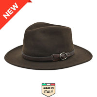 Brown Italian wool Indiana Jones fedora, front angled photography