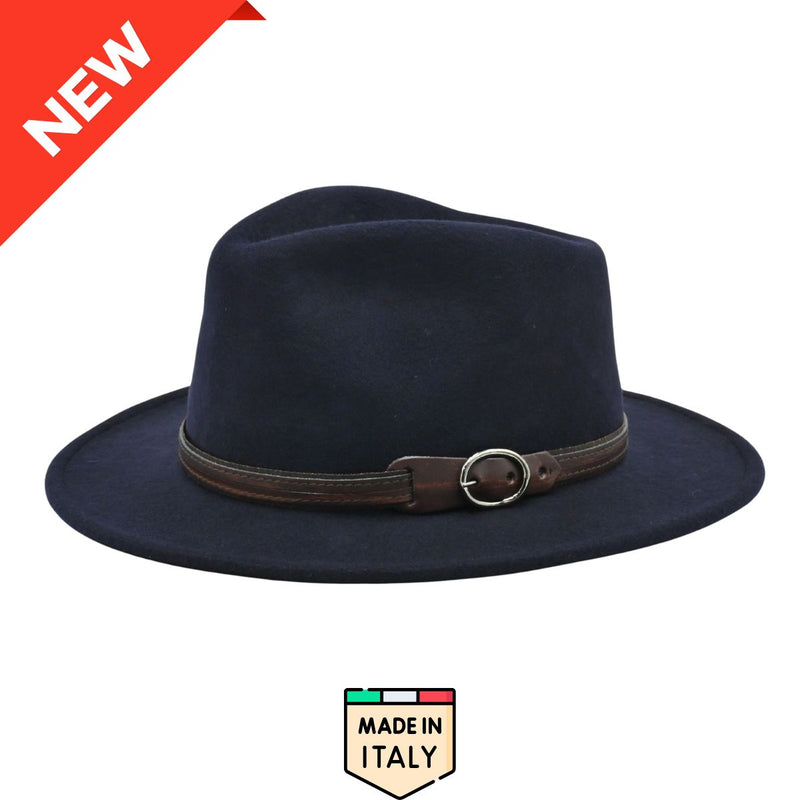 Navy blue Indiana Jones–style crushable wool fedora, Italian craftsmanship