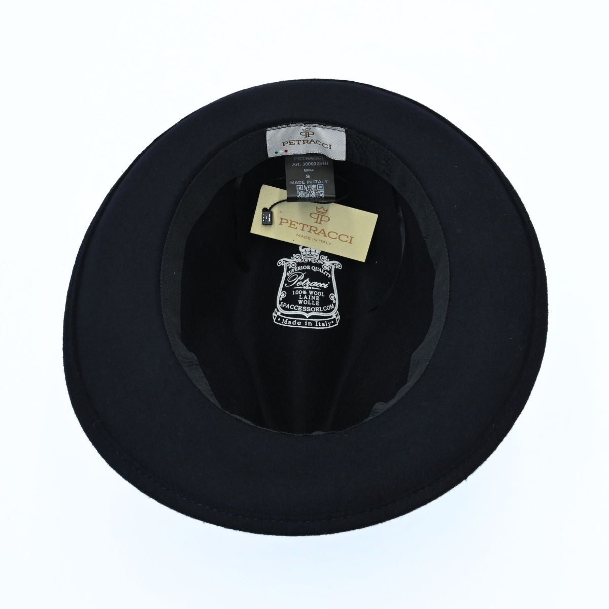 Blue Classic 1930's Hat with a ribbon on a white background inside view