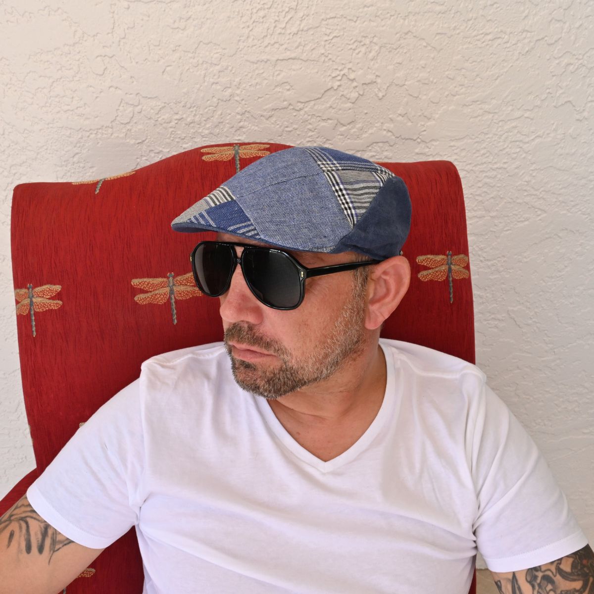 Blue Patchwork Cap on model in sunglasses 