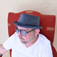 Blue Cotton Pork Pie Hat on the model 