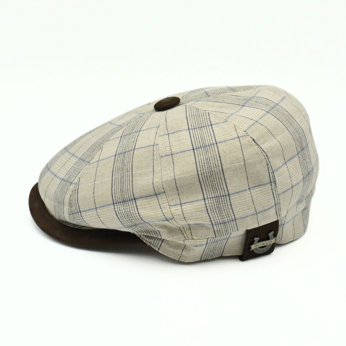 Beige Bartolomeo linen cotton newsboy hat with plaid pattern and leather visor on white background