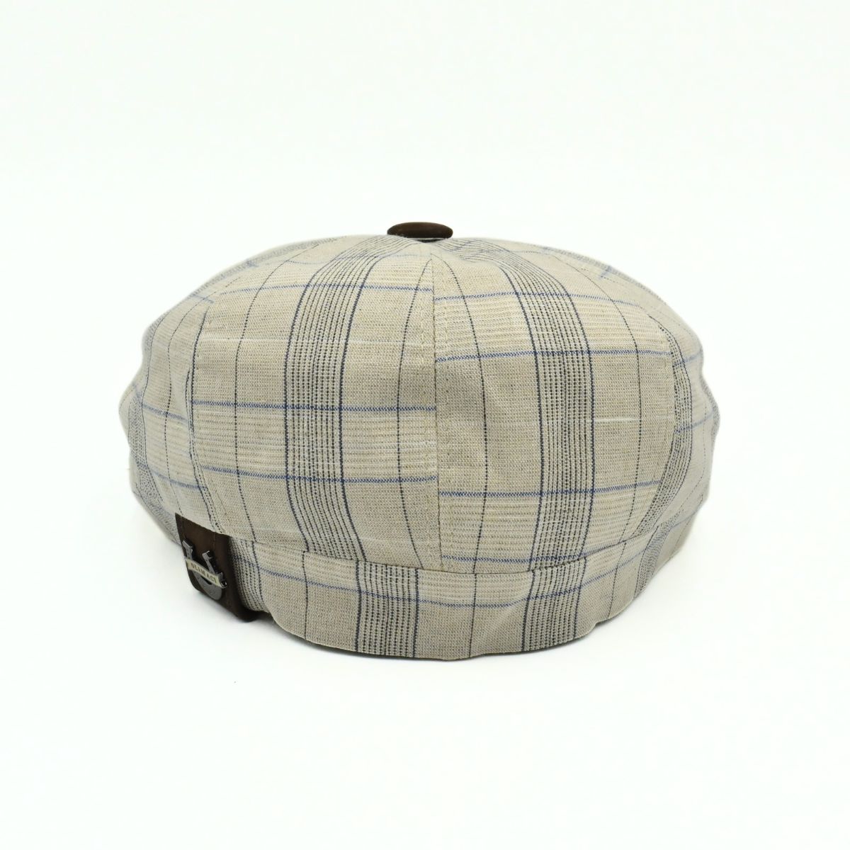 Beige Bartolomeo linen cotton newsboy hat with plaid pattern and leather visor on white background