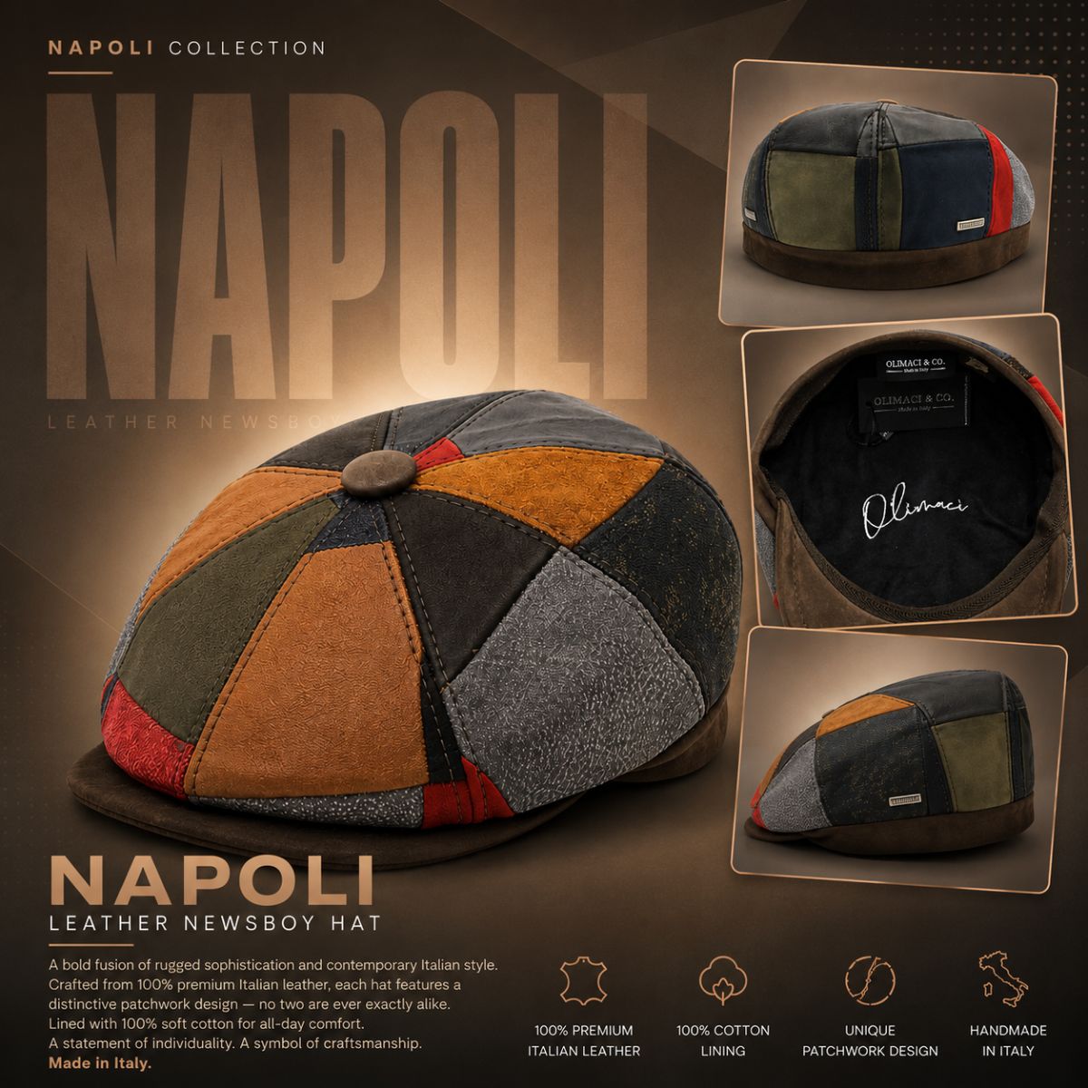 Napoli leather newsboy hat with patchwork design on a dark background, featuring the brand name and product details.