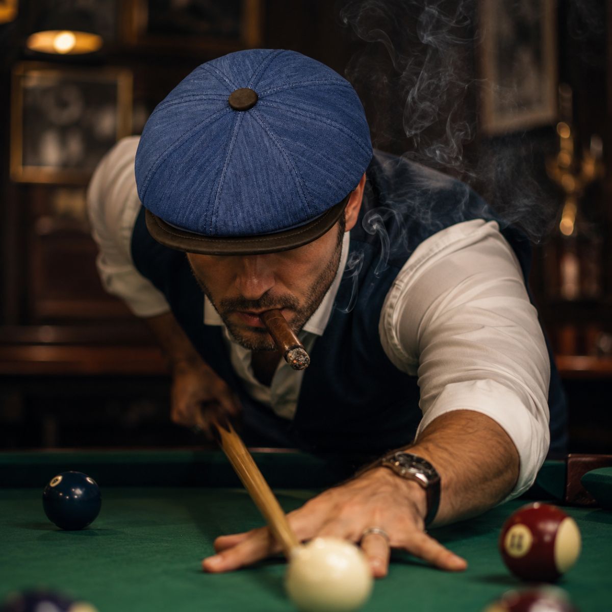 man in Blue Genova Linen Newsboy Hat with brown visor playing pool