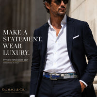 Blue OLIMACI & CO. Python Patchwork Blue leather Belt on model in the suit
