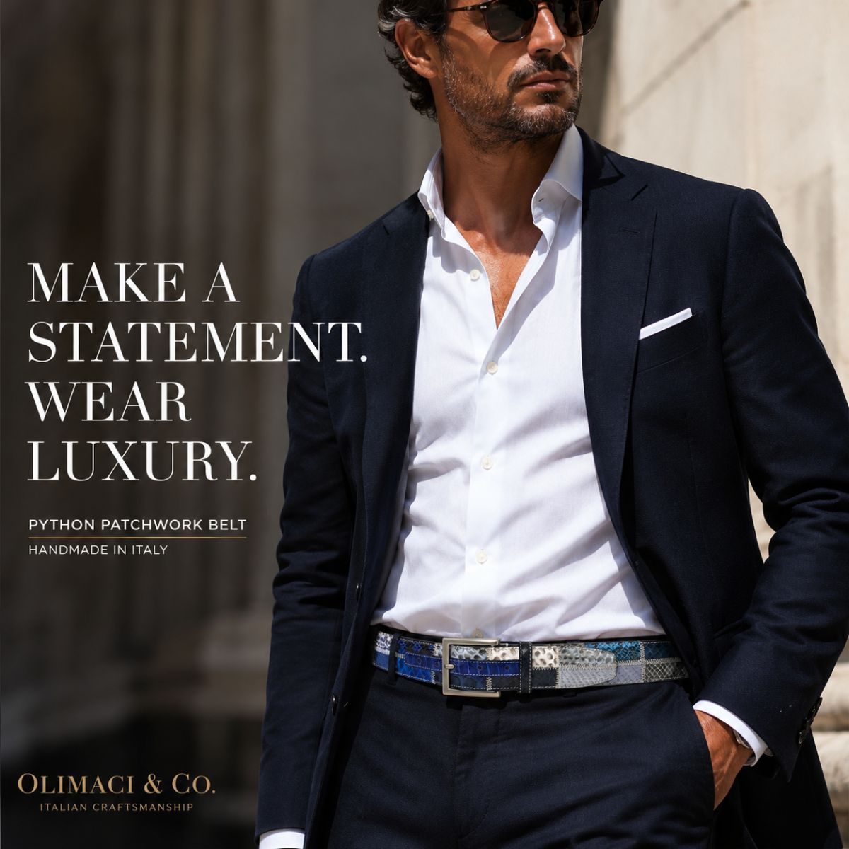 Blue OLIMACI & CO. Python Patchwork Blue leather Belt on model in the suit
