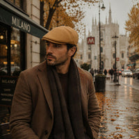 man in cognac Italian nubuck leather driver cap in the city