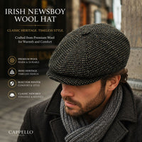 man in Irish Newsboy Wool Hat. brown blue multicolor 