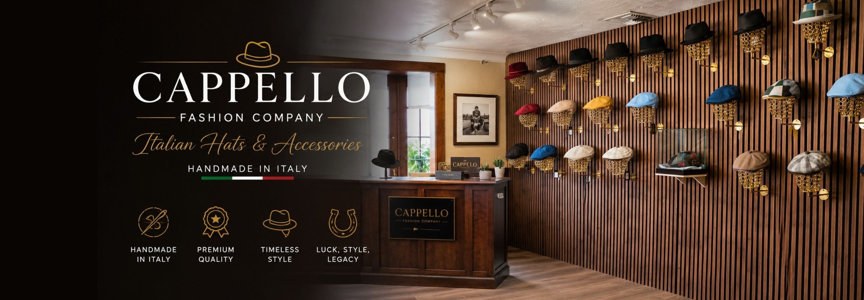 Promotional banner for Cappello Fashion Company, featuring a dark wood interior with a slatted wall displaying many colorful fedora hats, a branded reception desk, and large white text reading 'CAPPELLO FASHION COMPANY Italian Hats & Accessories'.