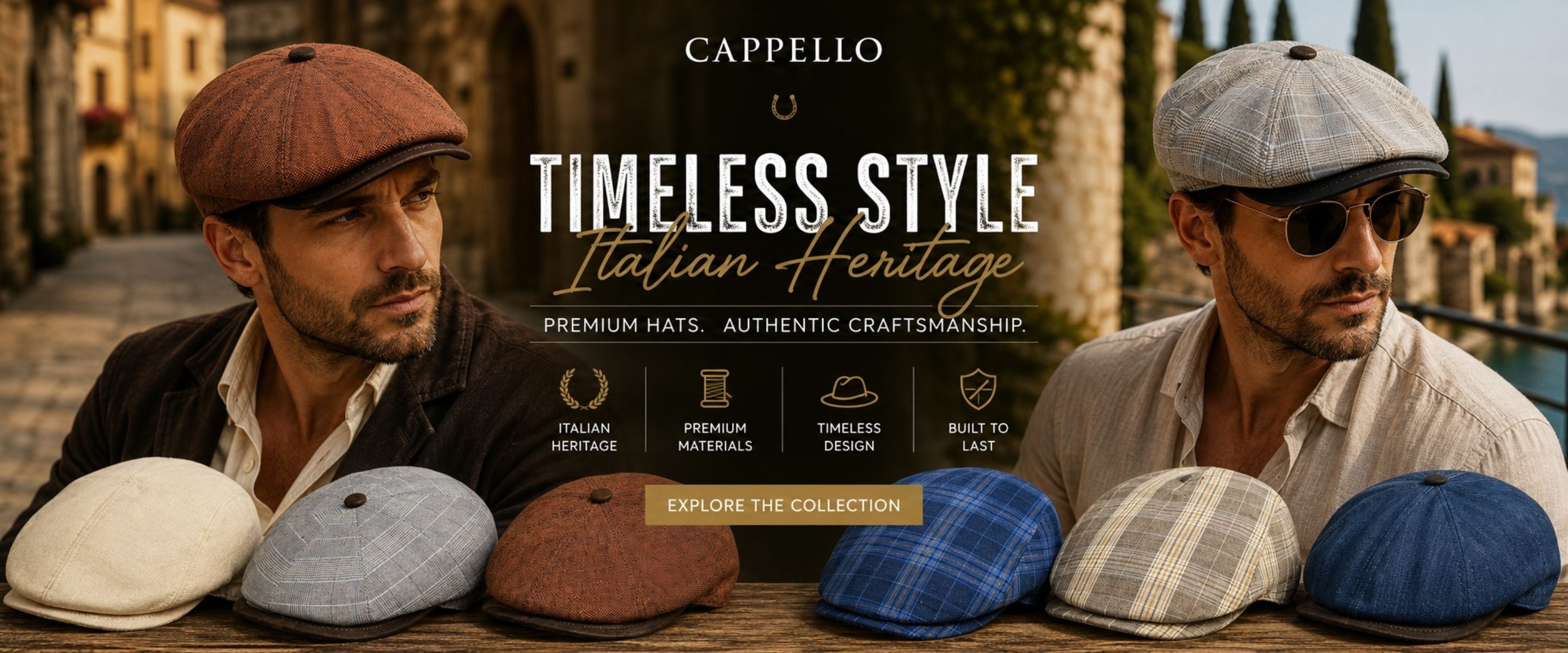 Promotional banner for Cappello Timeless Style Italian Heritage newsboy caps, featuring two men wearing brown and gray flat caps in an outdoor Italian setting, with several flat caps displayed in the foreground and center.