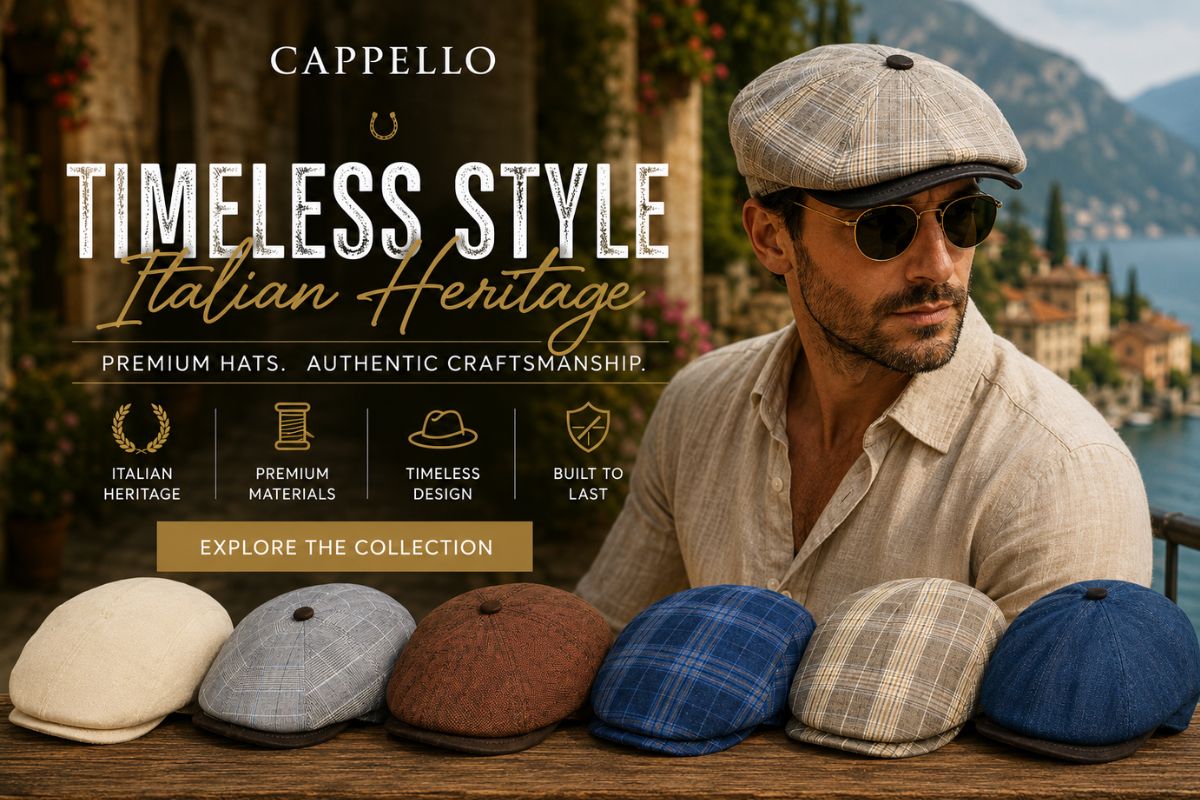 A promotional banner for Cappello flat caps, featuring a man wearing a beige plaid cap and sunglasses in an outdoor Italian setting, with five other flat caps in cream, gray, brown, blue, and beige plaid lined up on a table in the foreground.