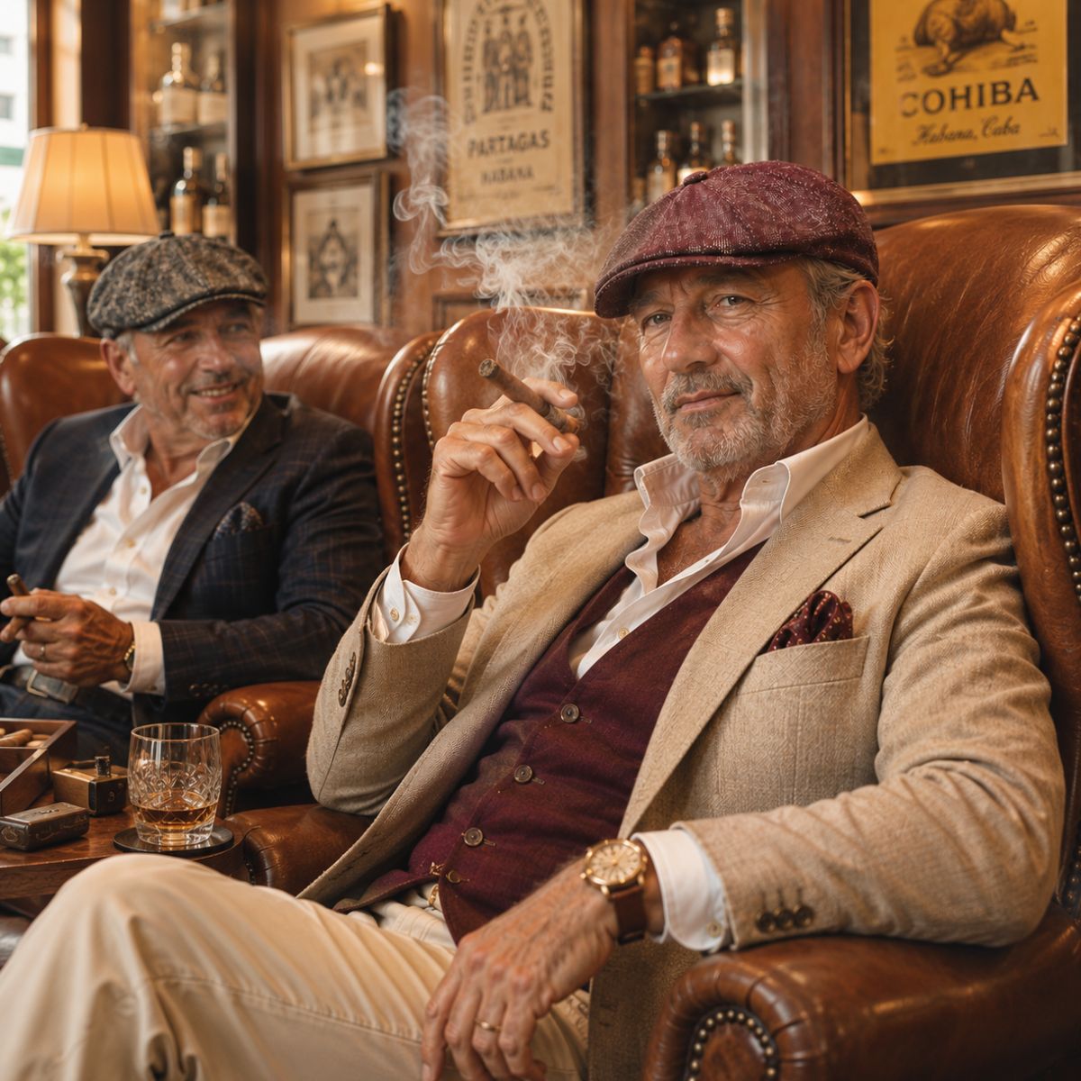 Two men in a smoky bar or lounge setting, seated in brown leather armchairs. The foreground man wears a beige blazer, cream shirt, burgundy vest, and maroon flat cap while smoking a cigar.