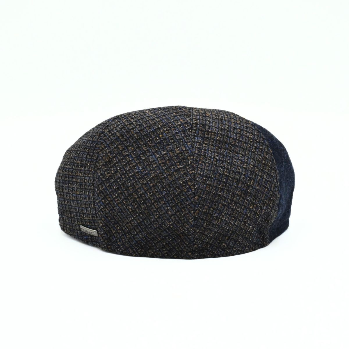 Back view of the navy Bergamo Cap – Italian-made wool patchwork design