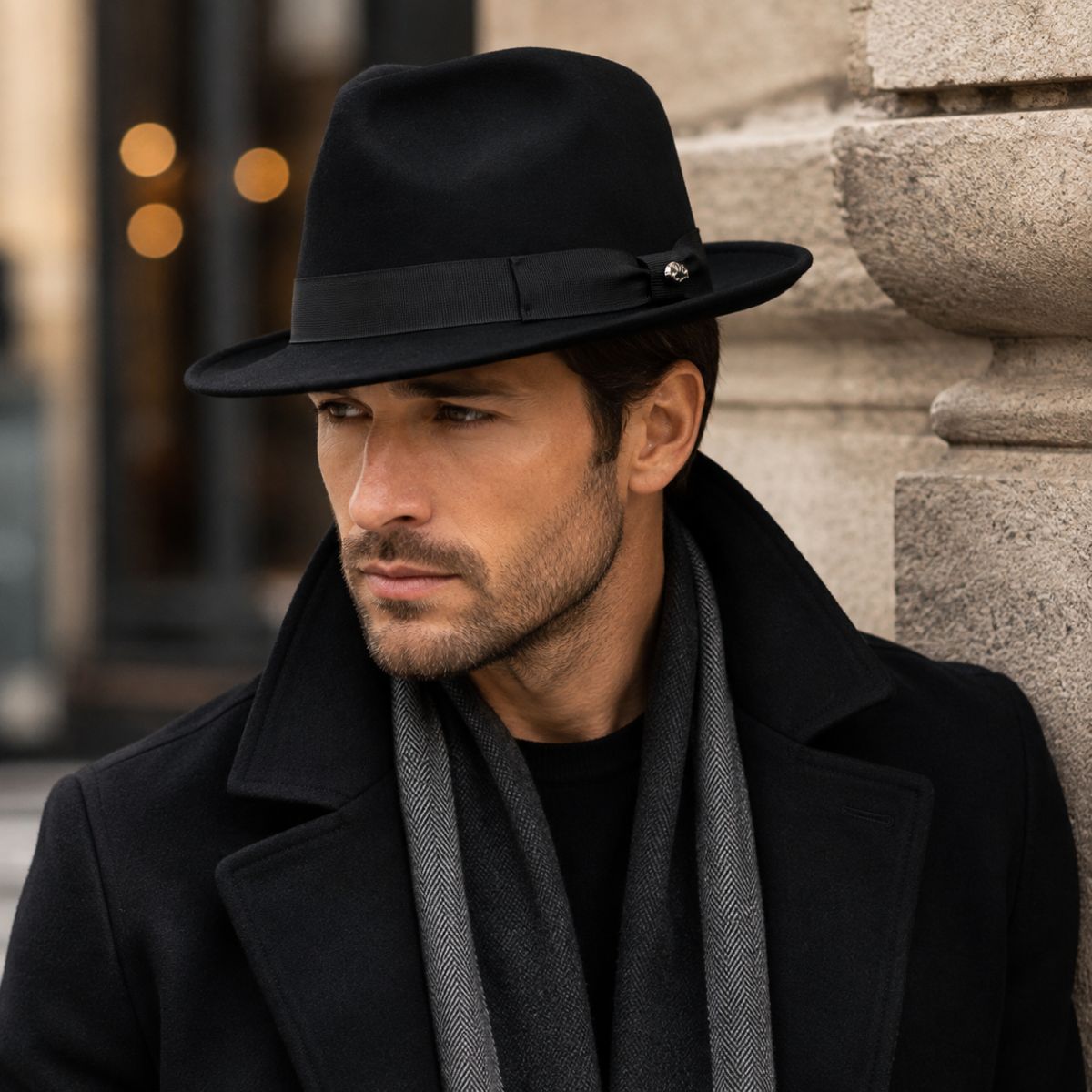 A man wearing a Black Classic 1930's Hat with a matching black band, styled with a dark coat and gray scarf, leaning against a stone wall.