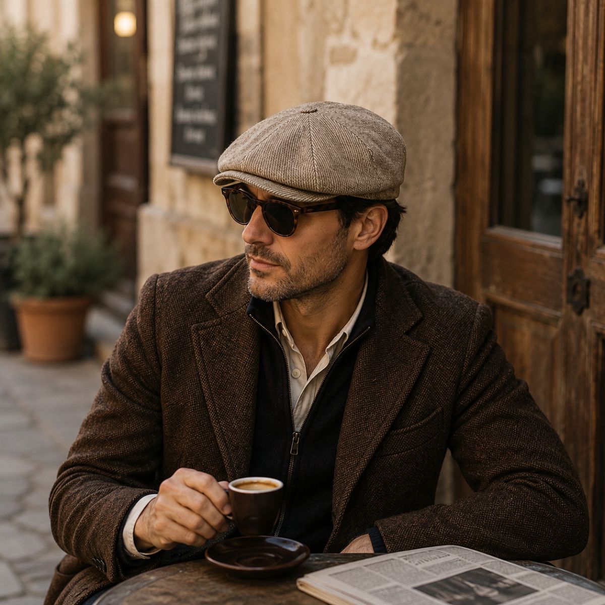 A man wearing a Brown Como Peaky Hat, sunglasses, a brown wool blazer, and a dark sweater sits at a table outdoors holding a cup of coffee next to an open newspaper.
