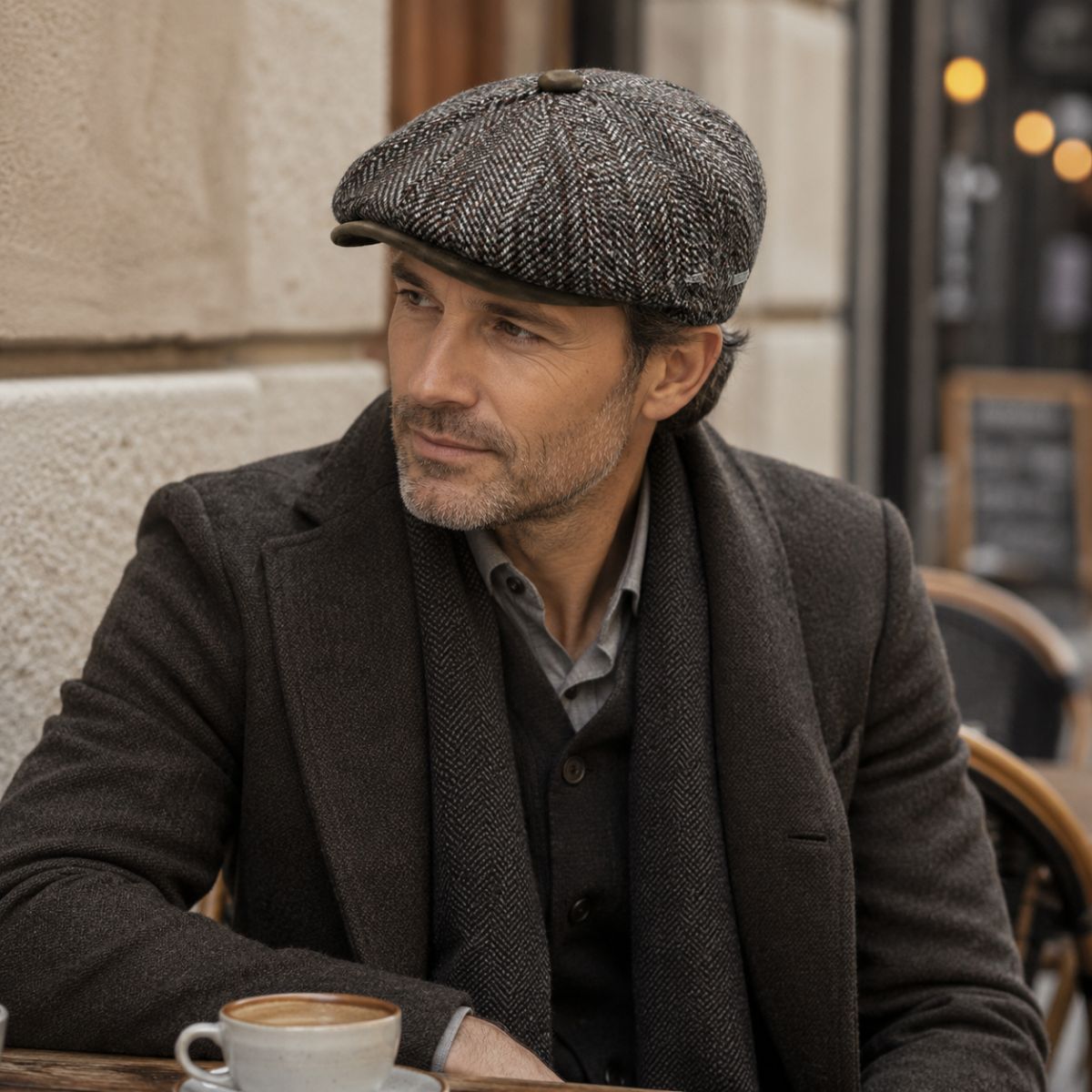 A man wearing a Brown Liguria Peaky Style Hat, a dark brown tweed blazer, and a scarf sits at a cafe table with a cup of coffee in front of him.