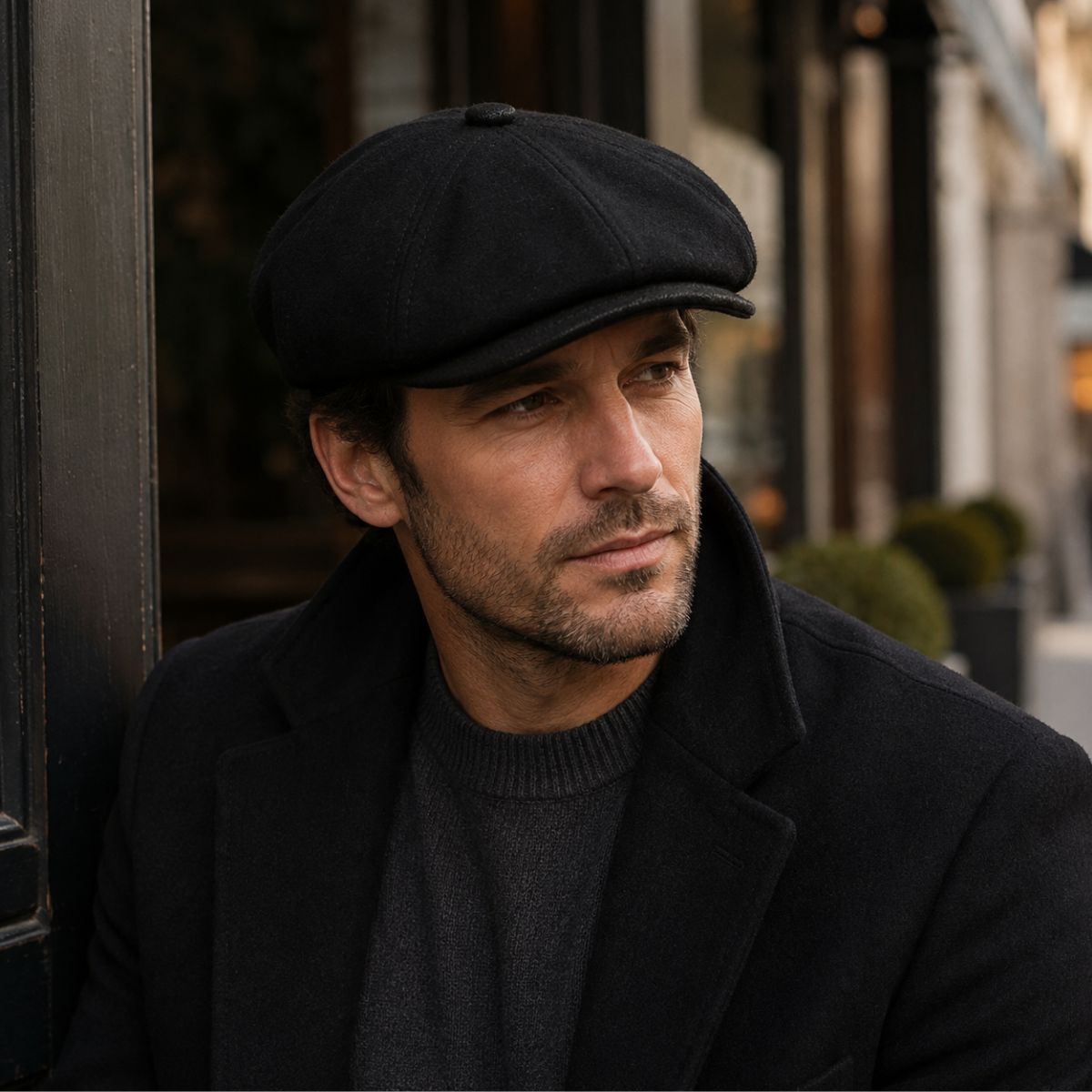 A man wearing a black color Irish Newsboy Shetland Wool Hat and a black coat over a dark gray sweater, photographed outdoors against a softly blurred street background.
