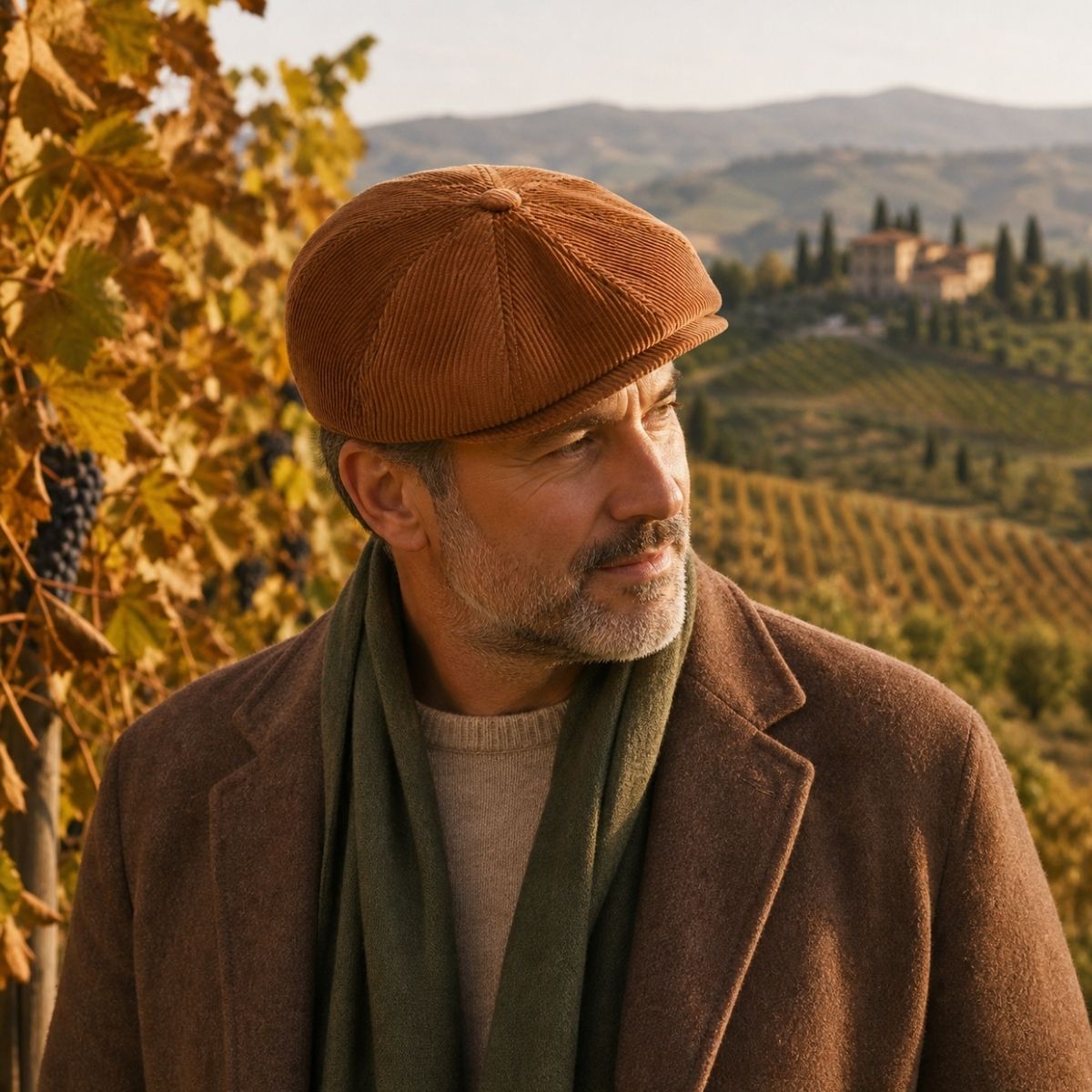 A man wearing a Rust Arezzo Italian Newsboy Hat, brown wool coat, and green scarf, standing in a sunny vineyard with hills and a building in the background.
