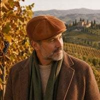 A man wearing a Rust Arezzo Italian Newsboy Hat, brown wool coat, and green scarf, standing in a sunny vineyard with hills and a building in the background.