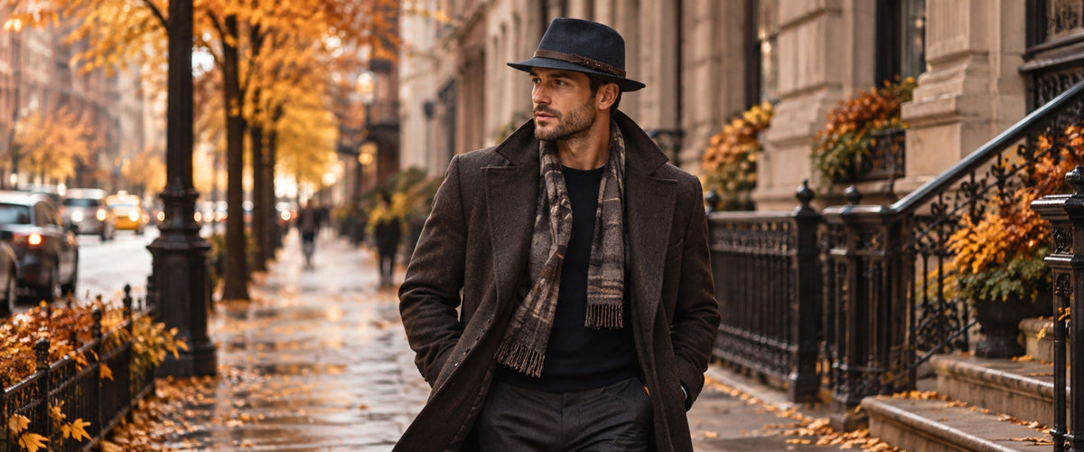 A man wearing a dark brown overcoat, Patterned Indiana Jones Hat, and a brown and gray plaid scarf walks along a wet city sidewalk in autumn with yellow leaves and stone buildings in the background.
