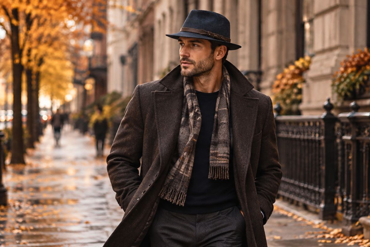 A man wearing a dark brown overcoat, Patterned Indiana Jones Hat, and a brown and gray plaid scarf walks along a wet city sidewalk in autumn with yellow leaves and stone buildings in the background.