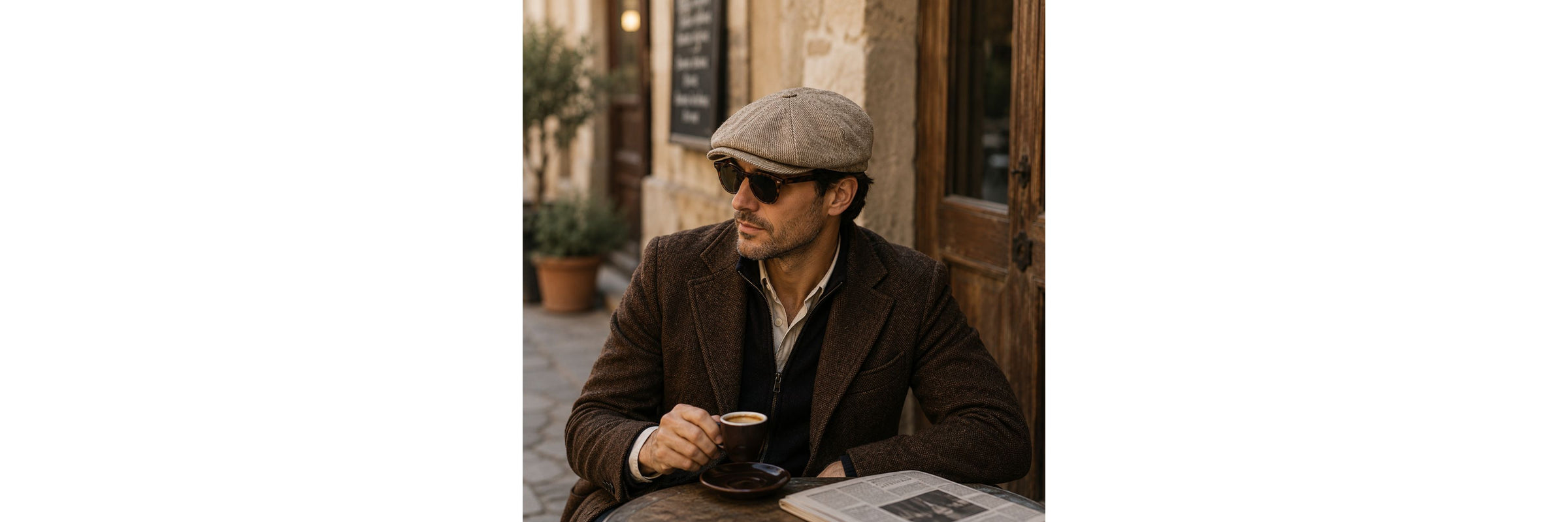 A man wearing a brown jacket, white shirt, black sweater vest, and a brown Como Peaky Hat sits at an outdoor cafe table holding a cup of coffee.