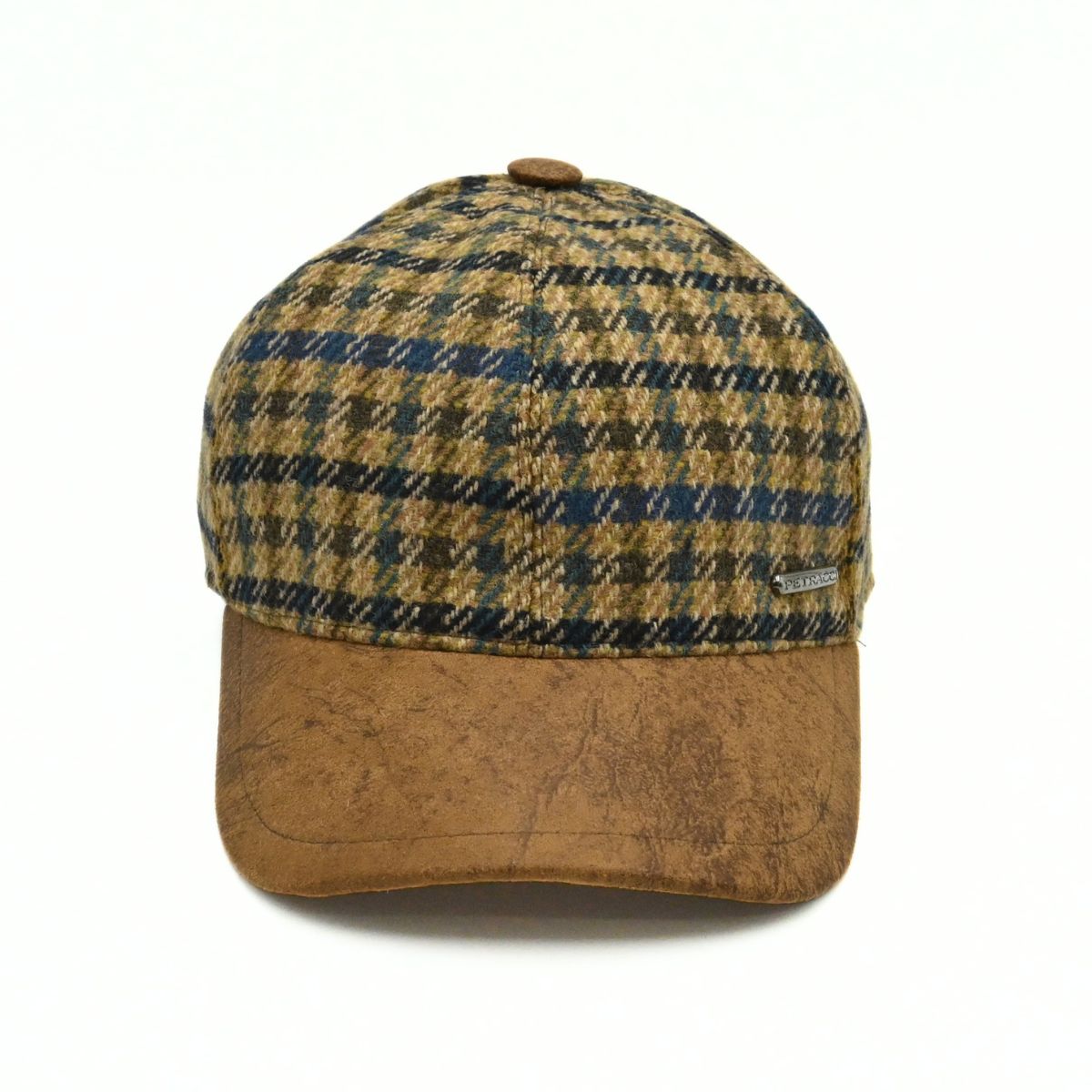 Bolzano Heritage Wool Baseball Cap featuring a brown and navy blue plaid pattern on the crown, with a textured brown visor and a small metal brand tag on the side, set against a plain white background.
