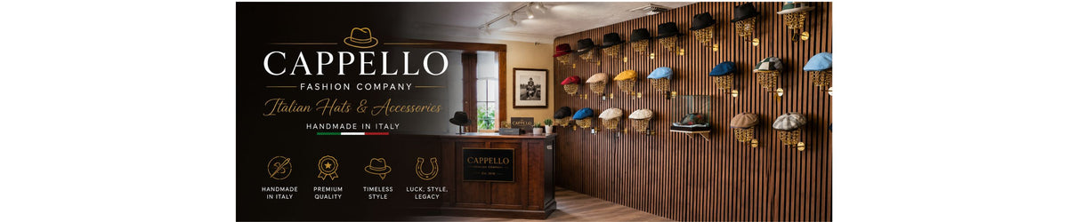 A promotional banner for Cappello Fashion Company, featuring a dark interior showroom with a reception desk, a wood-paneled wall displaying multiple colorful fedoras, and the brand name 'CAPPELLO' with Italian text on a black background.