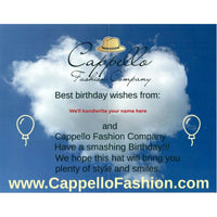 A birthday greeting card design from Cappello Fashion Company featuring a blue sky background with a large white cloud, a small yellow hat logo, and printed text wishing someone a smashing birthday. The card is shown centered on a white background.