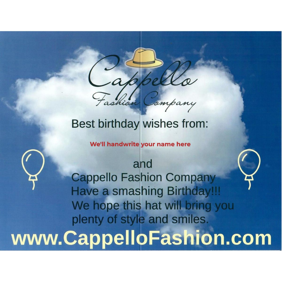 A birthday greeting card design from Cappello Fashion Company featuring a blue sky background with a large white cloud, a small yellow hat logo, and printed text wishing someone a smashing birthday. The card is shown centered on a white background.