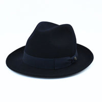 Blue Classic 1930's Hat with a ribbon on a white background